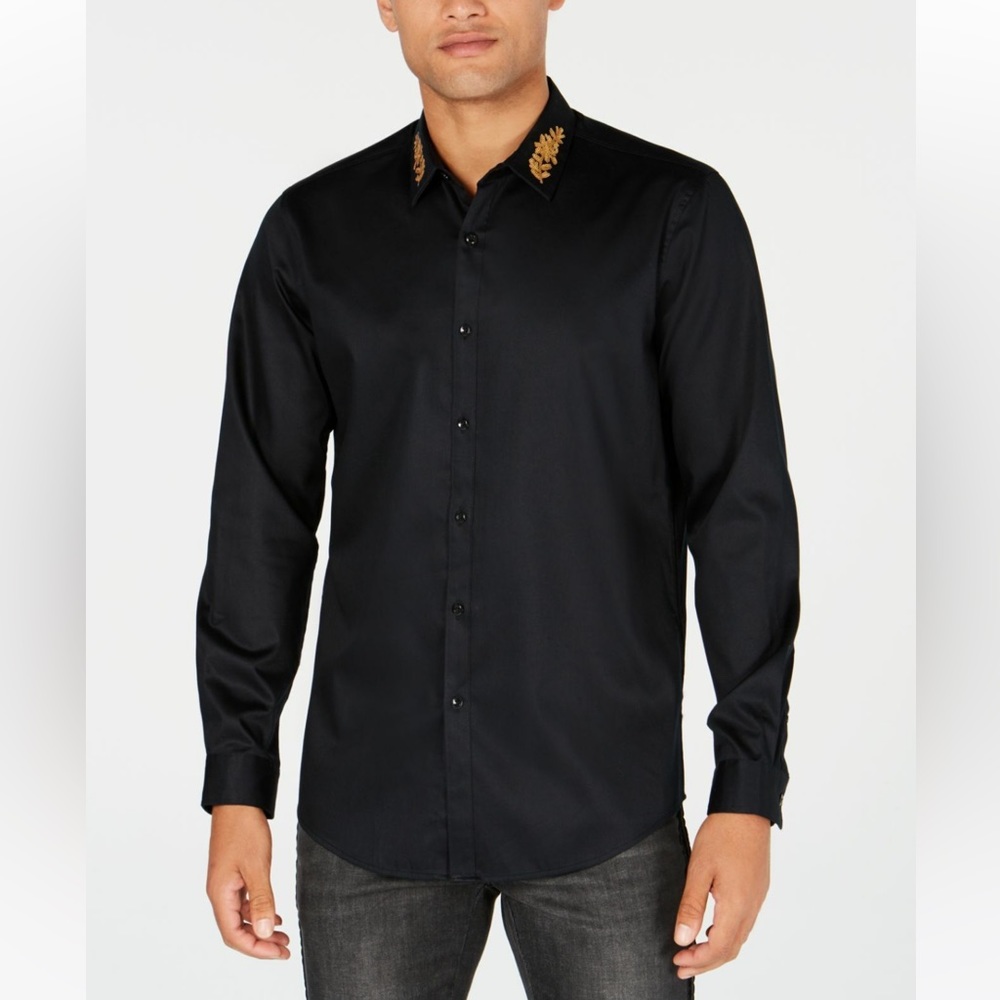 INC International Concepts Black Button Down with Gold Floral Sequin Appliqué
